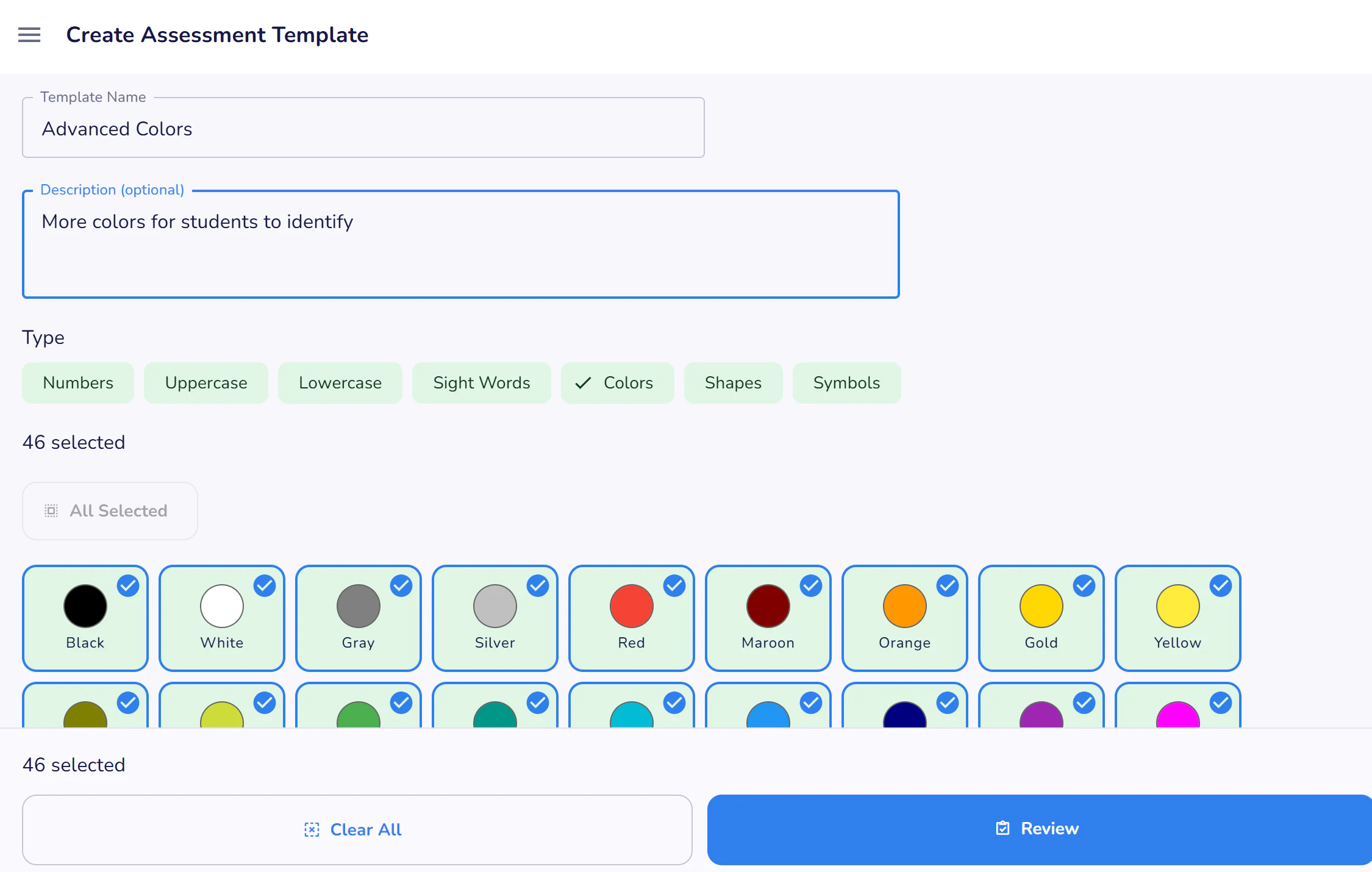 Custom assessment template editor with learning values