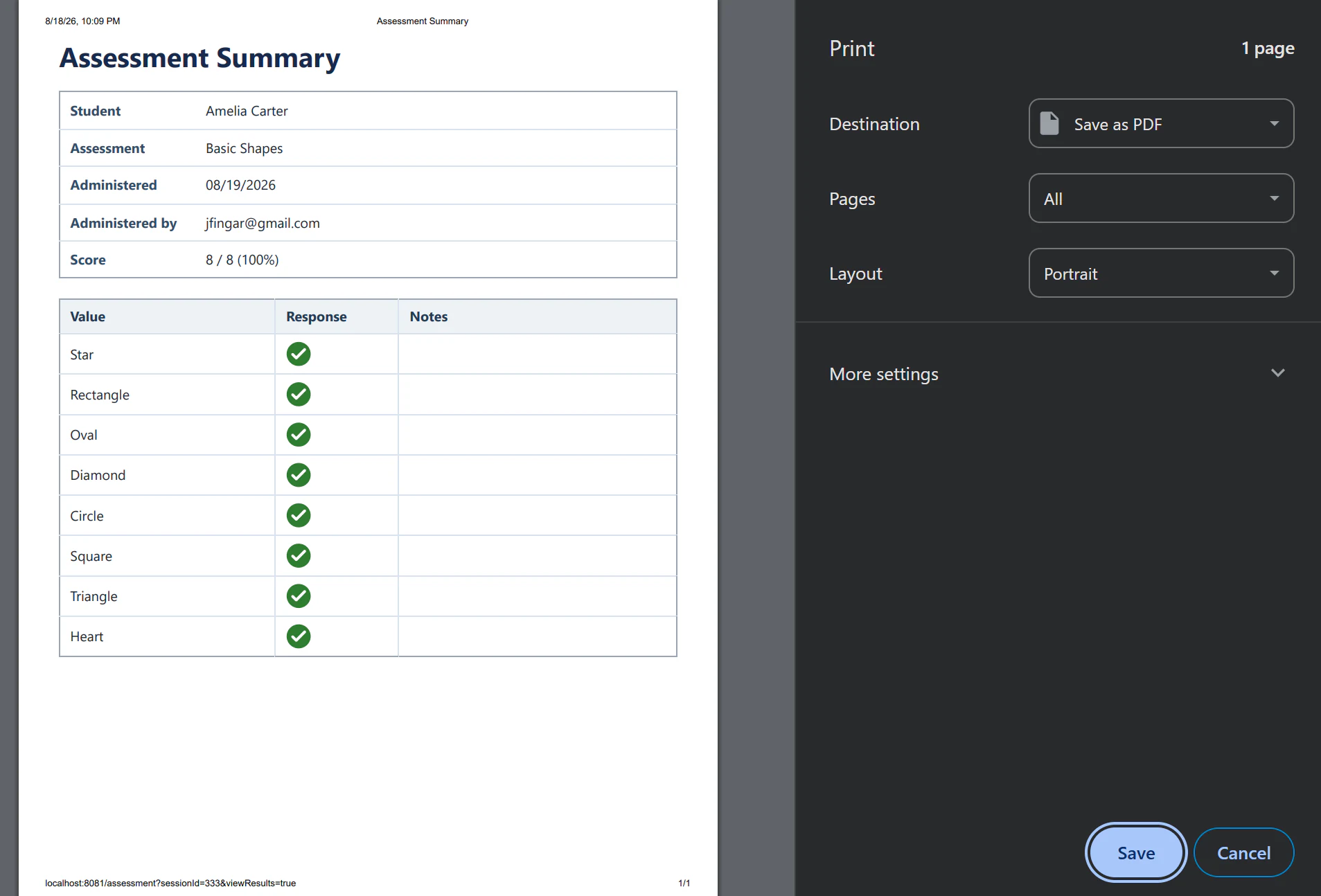 Printable student assessment report with results and notes