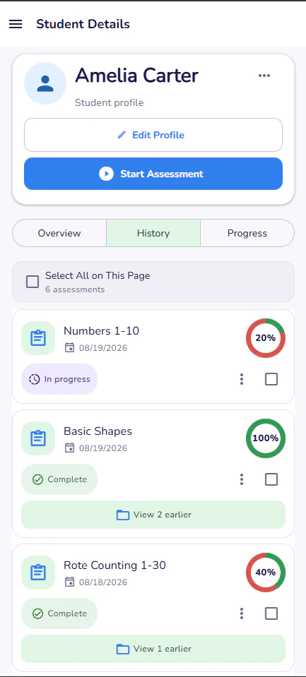 Student assessment history on mobile